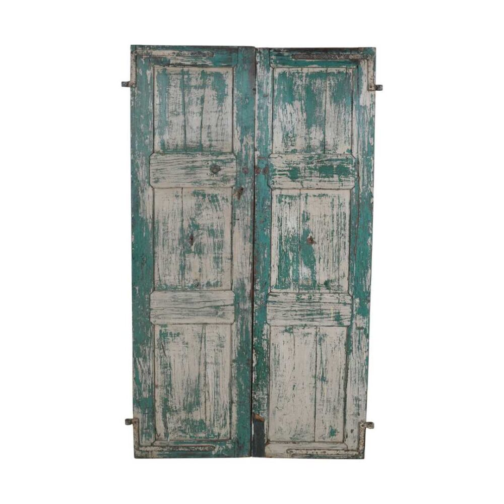 Antique Verdigris & Rose Patina Indian Teak Doors – 1880s Gujarat Pair - Image 4