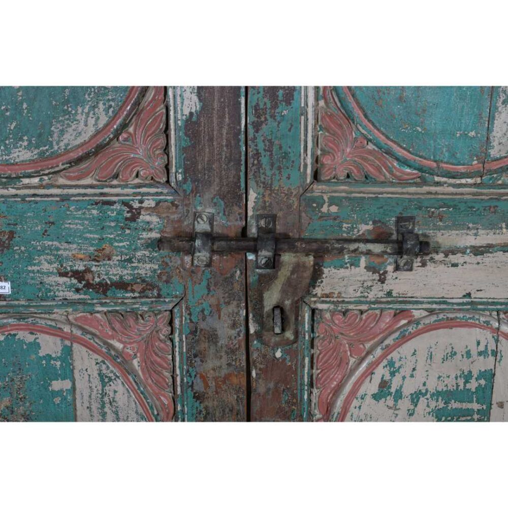 Antique Verdigris & Rose Patina Indian Teak Doors – 1880s Gujarat Pair - Image 3