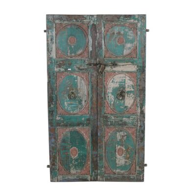 Antique Verdigris & Rose Patina Indian Teak Doors – 1880s Gujarat Pair