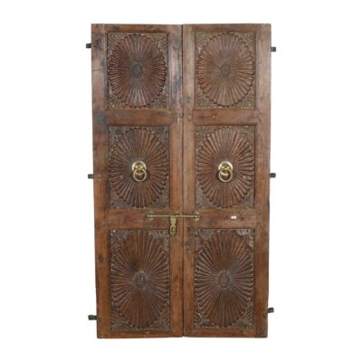 Antique Sunburst Carved & Walnut Patina Indian Teak Doors – 1880s Gujarat Pair