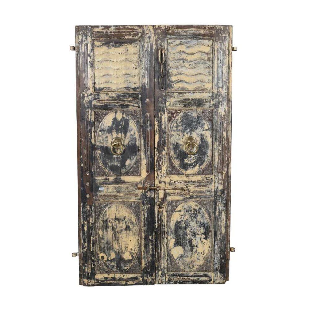 Antique Distressed Cream & Charcoal Teak Indian Doors – 1880s Gujarat Pair