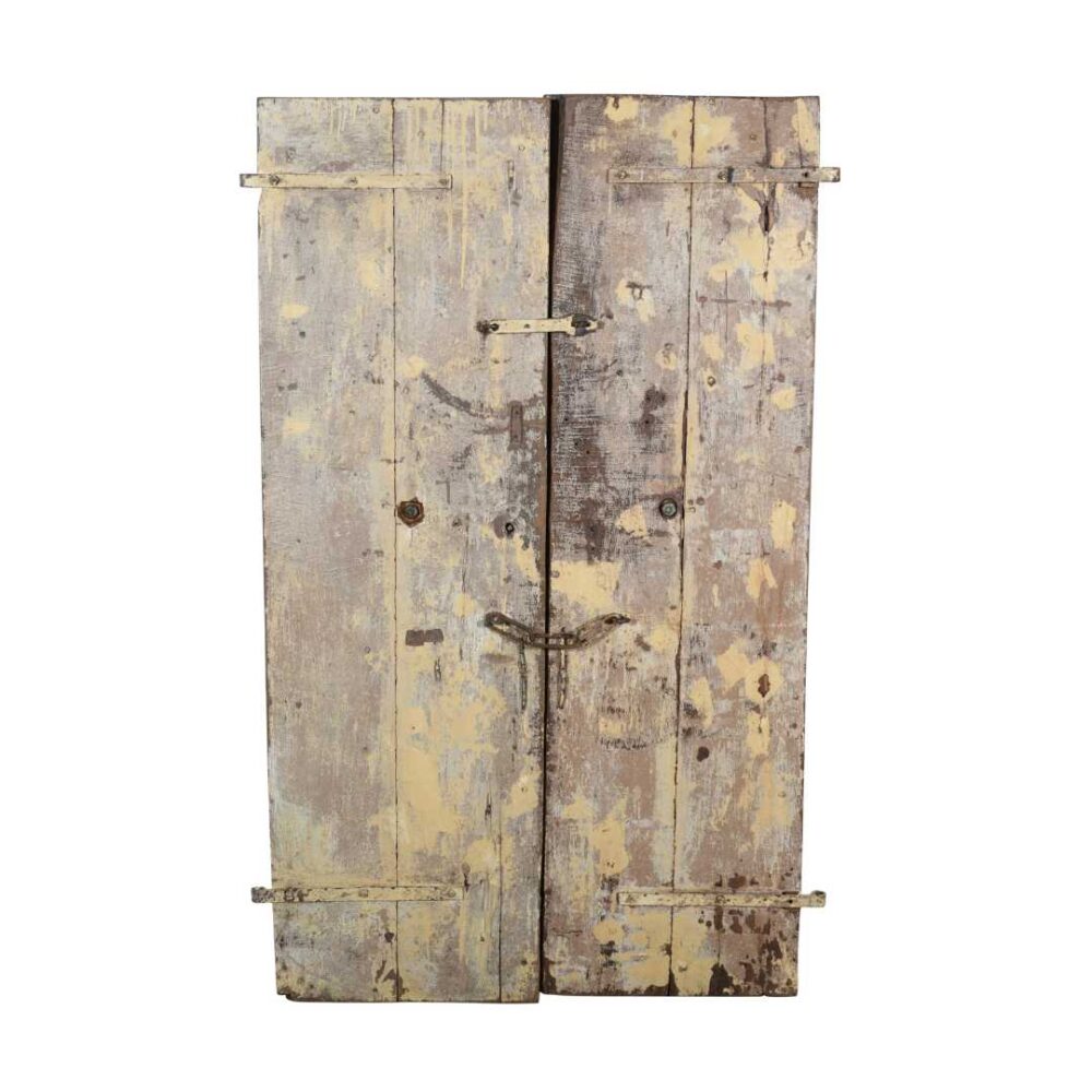 Antique Distressed Cream & Charcoal Teak Indian Doors – 1880s Gujarat Pair - Image 4