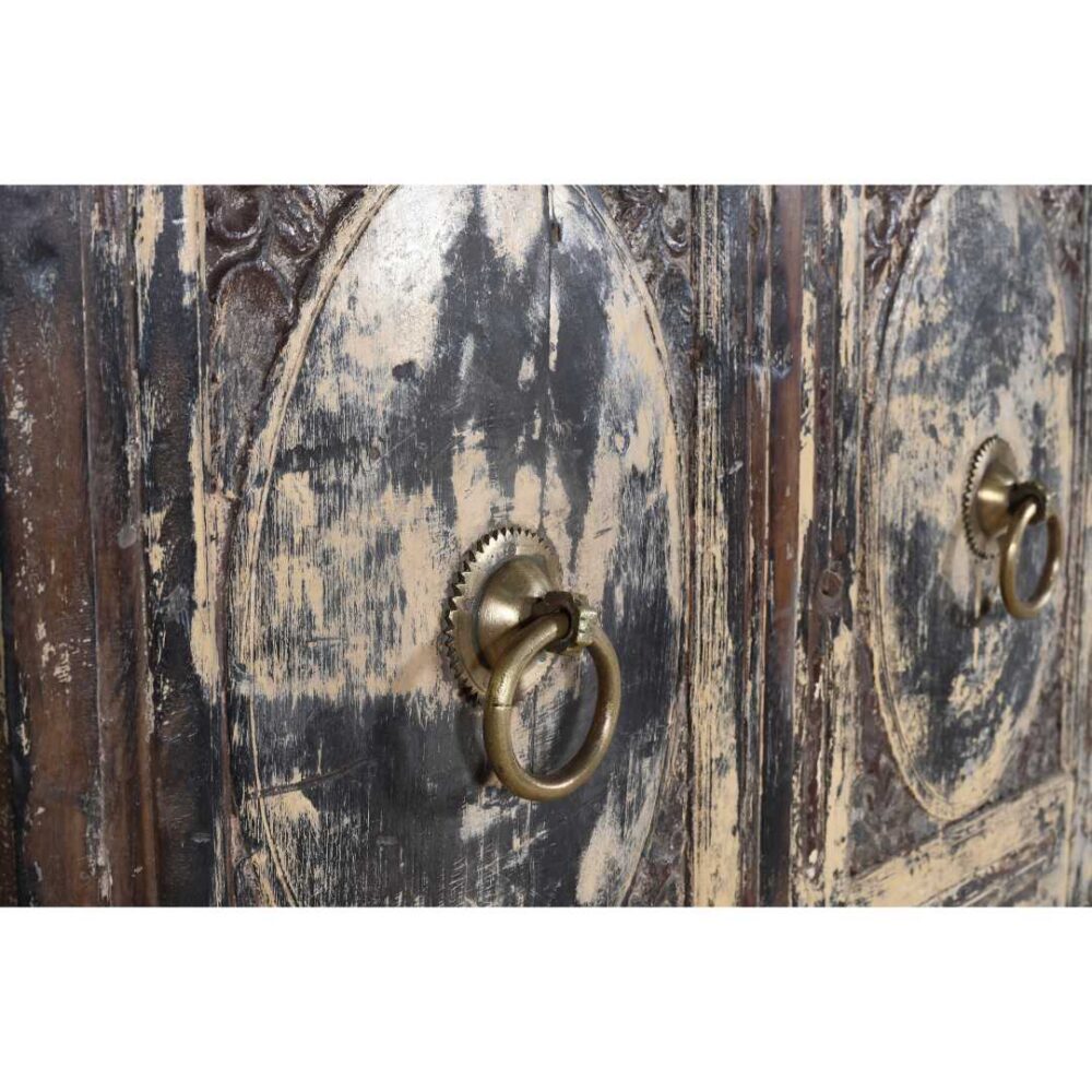 Antique Distressed Cream & Charcoal Teak Indian Doors – 1880s Gujarat Pair - Image 3