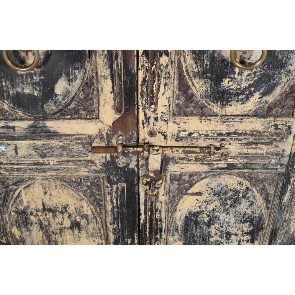 Antique Distressed Cream & Charcoal Teak Indian Doors – 1880s Gujarat Pair - Image 2