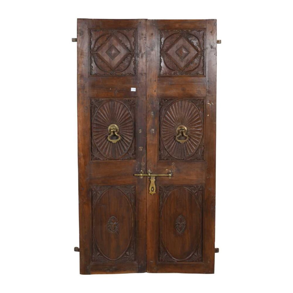Antique Deep Mahogany & Brass Carved Teak Indian Doors – 1880s Gujarat Pair