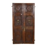 Antique Deep Mahogany & Brass Carved Teak Indian Doors – 1880s Gujarat Pair