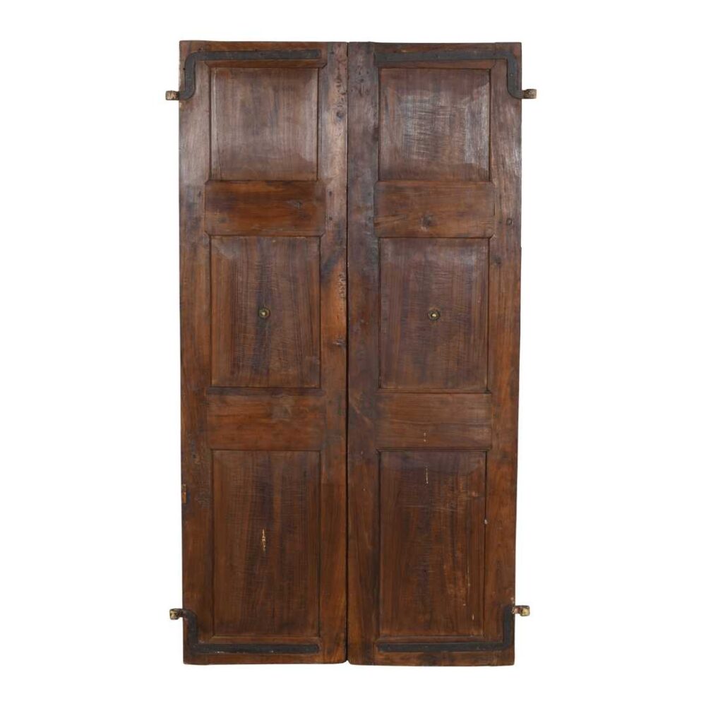 Antique Deep Mahogany & Brass Carved Teak Indian Doors – 1880s Gujarat Pair - Image 3