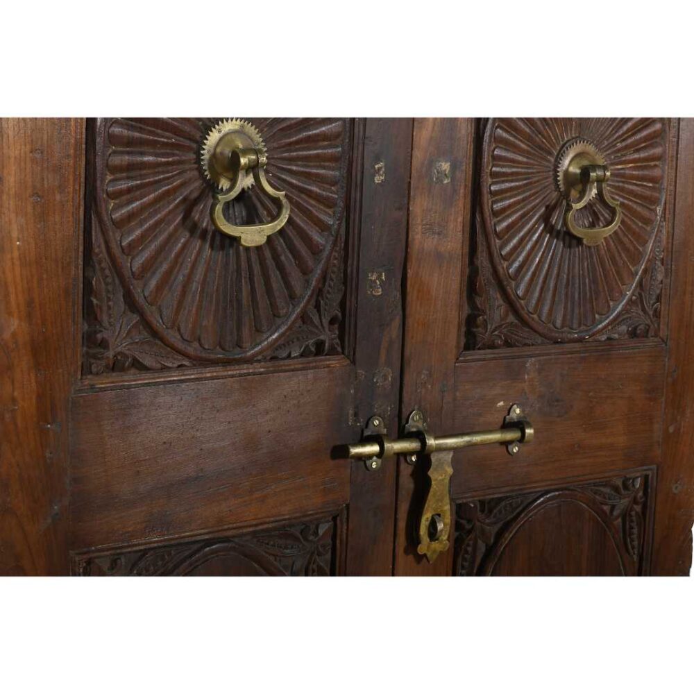 Antique Deep Mahogany & Brass Carved Teak Indian Doors – 1880s Gujarat Pair - Image 2