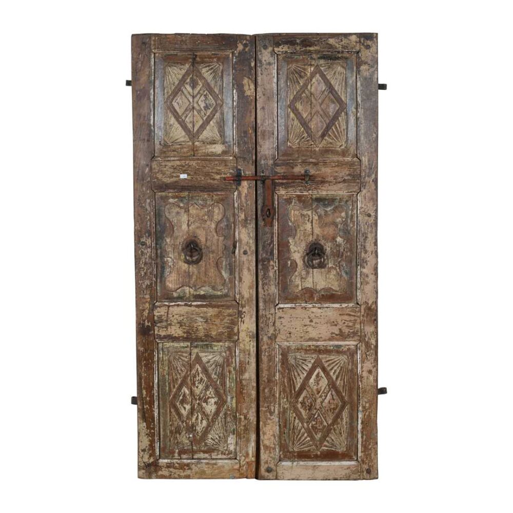 Antique Weathered Oak & Iron Teak Indian Doors – 1880s Gujarat Pair