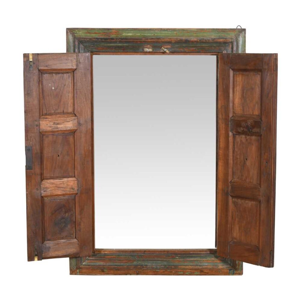 Antique Forest Green & Rustic Teak Shutter Mirror – 19th Century Indian Window Frame - Image 3