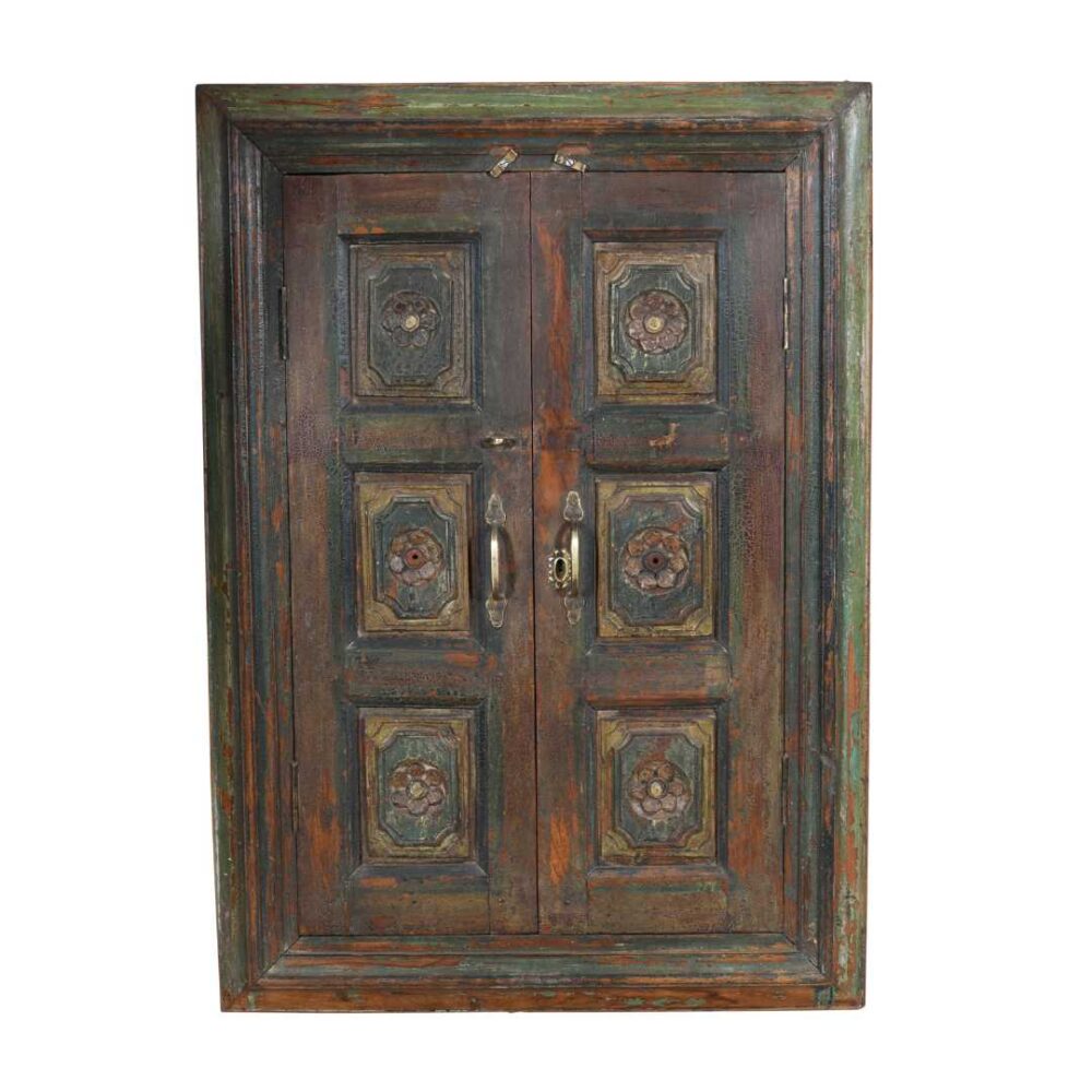 Antique Forest Green & Rustic Teak Shutter Mirror – 19th Century Indian Window Frame