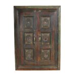 Antique Forest Green & Rustic Teak Shutter Mirror – 19th Century Indian Window Frame