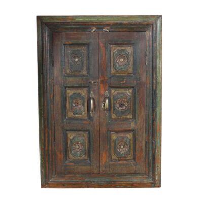 Antique Forest Green & Rustic Teak Shutter Mirror – 19th Century Indian Window Frame