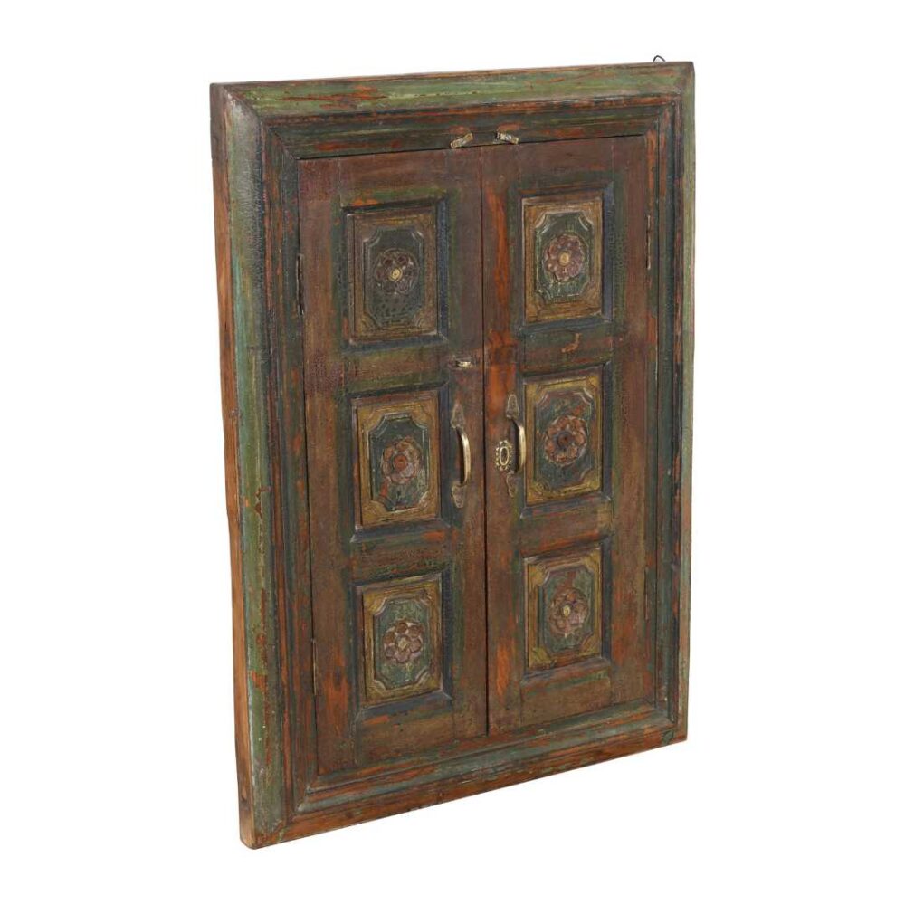 Antique Forest Green & Rustic Teak Shutter Mirror – 19th Century Indian Window Frame - Image 2