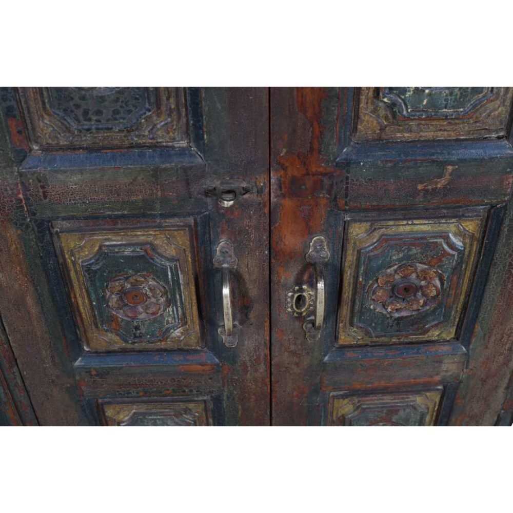 Antique Forest Green & Rustic Teak Shutter Mirror – 19th Century Indian Window Frame - Image 4