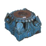 Faded Blue Antique Indian Teak Pillar Base Candle Holder - Hand Carved Architectural Salvage