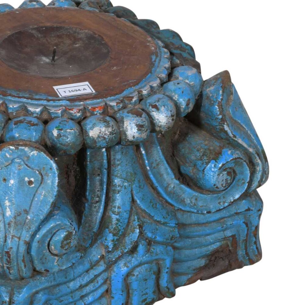 Faded Blue Antique Indian Teak Pillar Base Candle Holder - Hand Carved Architectural Salvage - Image 2
