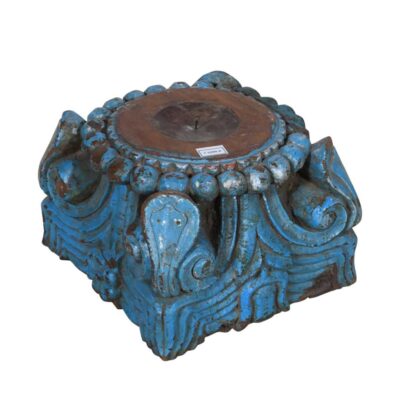 Faded Blue Antique Indian Teak Pillar Base Candle Holder - Hand Carved Architectural Salvage