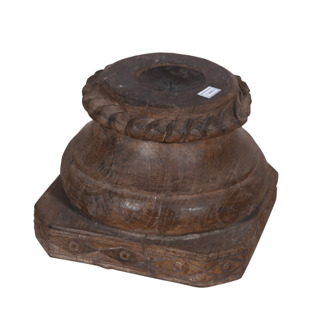 Rich Brown Antique Indian Teak Wood Carved Pillar Base Candle Holder – 19th Century Architectural Salvage
