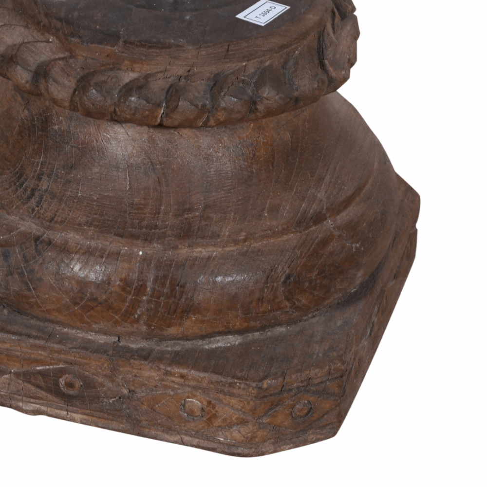 Rich Brown Antique Indian Teak Wood Carved Pillar Base Candle Holder – 19th Century Architectural Salvage - Image 2