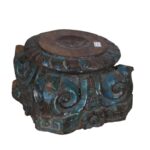 Antique Teal Blue & Brown Indian Teak Carved Pillar Base Candle Holder – 19th Century