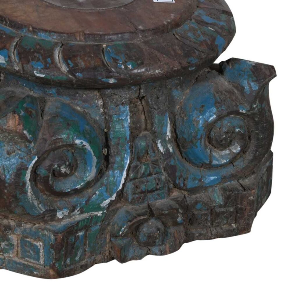 Antique Teal Blue & Brown Indian Teak Carved Pillar Base Candle Holder – 19th Century - Image 2