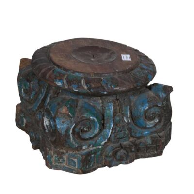 Antique Teal Blue & Brown Indian Teak Carved Pillar Base Candle Holder – 19th Century