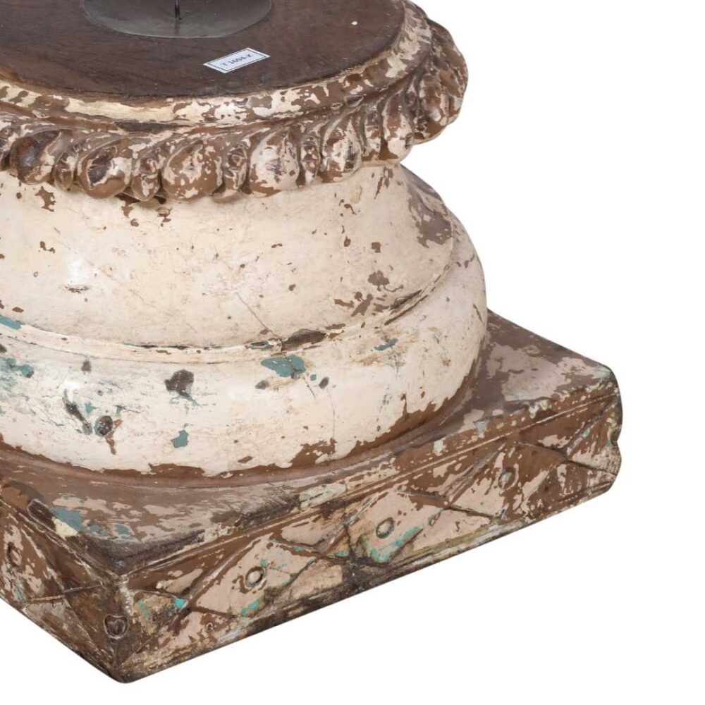 Antique Cream & Brown Indian Teak Carved Pillar Base Candle Holder – 19th Century - Image 2