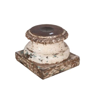 Antique Cream & Brown Indian Teak Carved Pillar Base Candle Holder – 19th Century