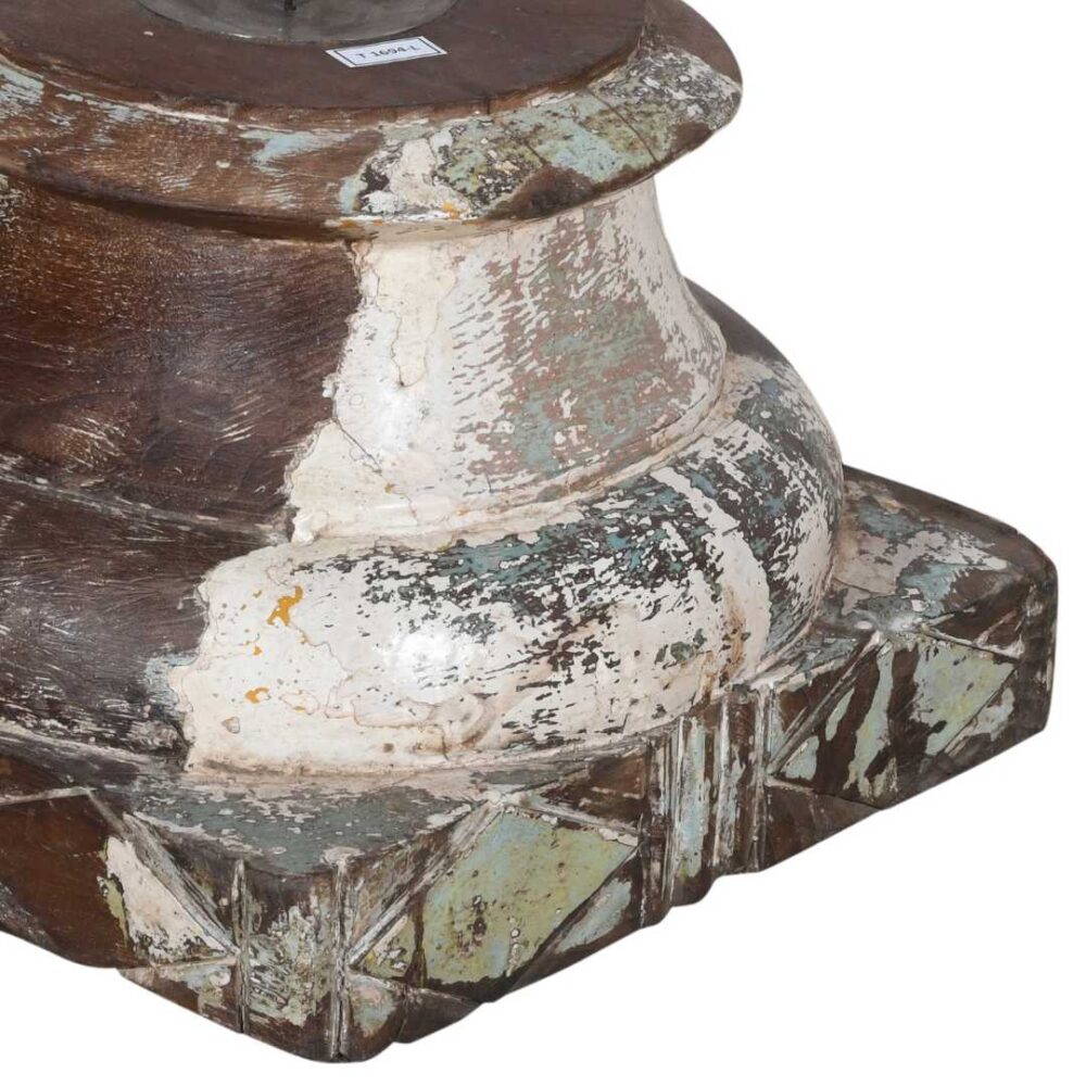 Antique Teak Pillar Base Candle Holder – Distressed Cream, Sage & Walnut Brown - Image 2